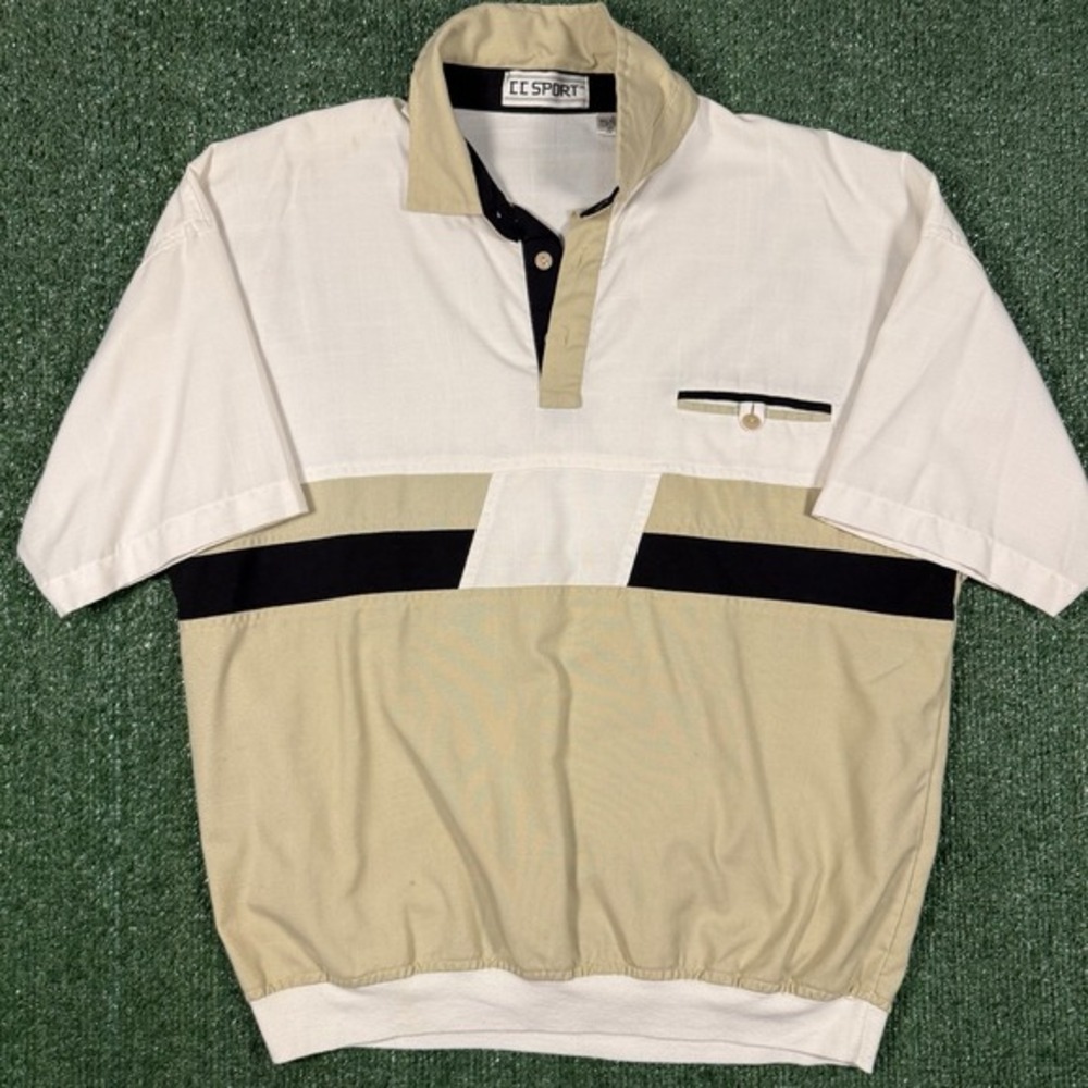 CC Sport Polo Shirt‎ Mens Large White Tan Colorblock Good Vintage Elastic Hem